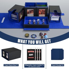 Card Deck Box for MTG with Commander Display, 5 in 1 Card Storage Box Fits 400+ Double-sleeved Cards, Removable Deck Case for TCG/Sports Cards with Dice Tray, 4 Magnetic Card Holders (Black Blue)