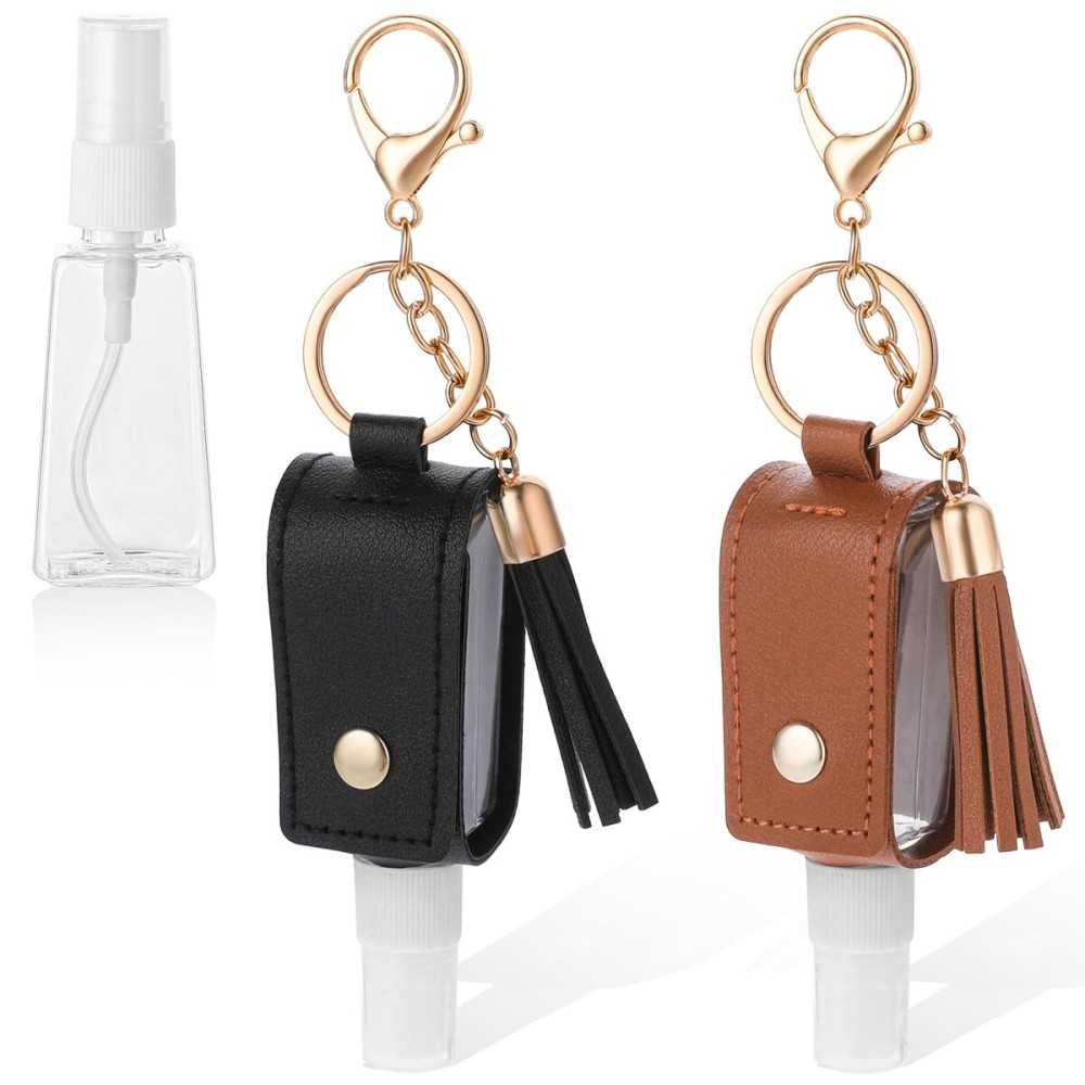 2 Pcs Hand Sanitizer Holder Travel Size, 1oz/30ml Small Squeeze Bottle with Keychain Portable Empty Travel Bottles Hand Refillable Containers for Liquid Storage(Black+Brown)