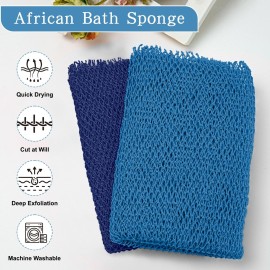 2 Pieces Authentic African Net Sponge, Long Nylon Exfoliating Net Sponge Back Body Washcloth for Deep Clean and Smooth Skin, African Net Sponge Stretch Length to 63 inches (Blue, Blue)