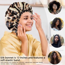 Satin Silk Bonnet for Curly Hair Bonnet Braid Bonnet for Sleeping Bonnets for Women Large Double-Layer Adjustable(Leopard)
