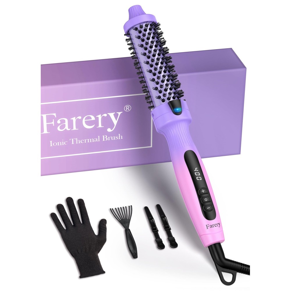 Farery 1.25-Inch Thermal Brush - Ceramic Ionic Heated Round Brush for 90\'s Full-Bodied Style, Volumizing, Smooth Hair & Natural Curls, Dual MCH Heating, Digital Display, 9 Temperature, Dual Voltage