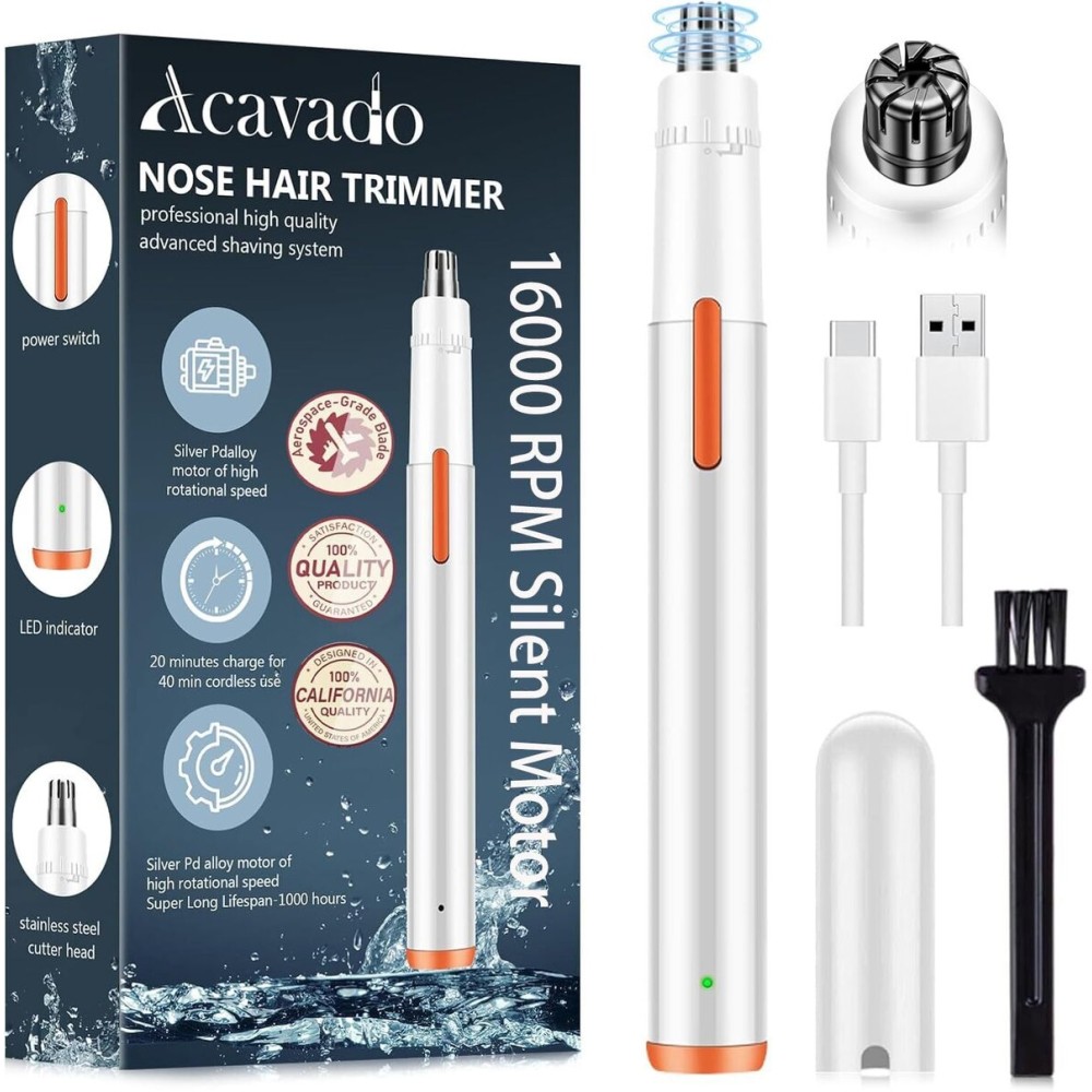 Acavado Nose Hair Trimmer for Men Painless USB Rechargeable Nose Trimmer for Men Women, Eyebrow & Facial Hair Trimmer for Smoother Cutting with IPX7 Waterproof (White)
