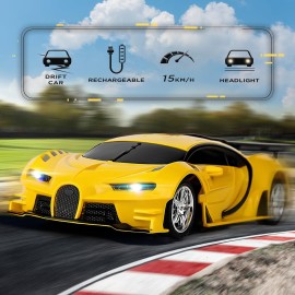 KULARIWORLD Remote Control Car, Rechargeable High Speed Drift RC Cars Toys for Kids Boys Girls Age 6 7 8-12,1/18 Super Vehicle with Headlight Yellow Racing Hobby Xmas Birthday Gift for Kid