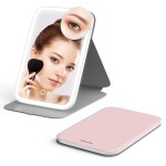 Mocado Travel Makeup Mirror with Lights, 360 Rotation, 10x Magnification, 60LEDs 3 Color Lightings, Dimmable Touch Screen, Tabletop Pink
