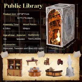 MiniCity Book Nook Kit, DIY Miniature Dollhouse Booknook Kit with Led Light and Dust Cover (Public Library)