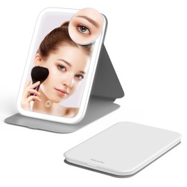 Mocado Travel Makeup Mirror with Lights, 360 Rotation, 10x Magnification, 60LEDs 3 Color Lightings, Dimmable Touch Screen, Tabletop Light up Mirror (White)