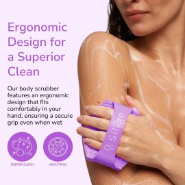 SILKLE Silicone Body Scrubber - Exfoliating Bath Brush and Skin Cleanser - Shower Sponge for Gentle Body Scrub and Wash - Silicone Scrubbing Care Tool for a Refreshed and Renewed You - Purple