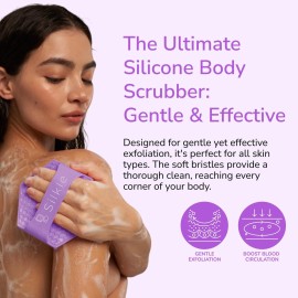 SILKLE Silicone Body Scrubber - Exfoliating Bath Brush and Skin Cleanser - Shower Sponge for Gentle Body Scrub and Wash - Silicone Scrubbing Care Tool for a Refreshed and Renewed You - Purple