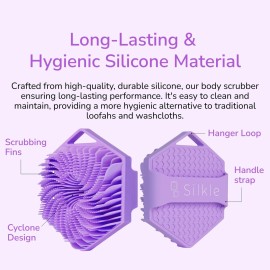 SILKLE Silicone Body Scrubber - Exfoliating Bath Brush and Skin Cleanser - Shower Sponge for Gentle Body Scrub and Wash - Silicone Scrubbing Care Tool for a Refreshed and Renewed You - Purple