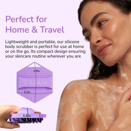 SILKLE Silicone Body Scrubber - Exfoliating Bath Brush and Skin Cleanser - Shower Sponge for Gentle Body Scrub and Wash - Silicone Scrubbing Care Tool for a Refreshed and Renewed You - Purple