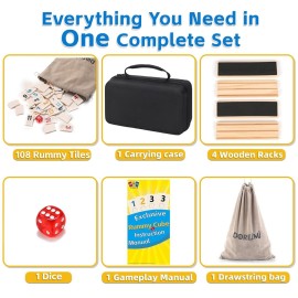 Doreimi Melamine Upgraded Rummy Cube Game Set 4 Players with 4 Wooden Holders and 108 Rummy Melamine Tiles, Travel Family Board Game for Adults and Kids