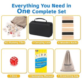 Doreimi Melamine Upgraded Rummy Cube Game Set 6 Plays with 6 Wooden Holders and 162 Rummy Tiles, Travel and Family Board Game for Adults and Kids