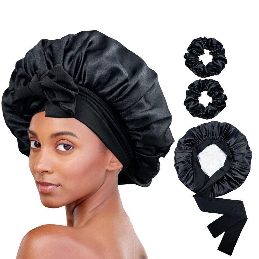 Luxe Louise Satin Bonnet for Sleeping Silk Bonnet for Sleeping Women Double Layer Silk Hair Wrap Satin Bonnets for Curly Hair and Braids (Black)