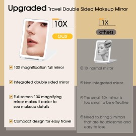 10X/1X Magnification Lighted Makeup Mirror with Lights, Rechargeable Magnifying Mirror with 80LED&2000mAh Battery, Portable Travel Vanity Mirror with 3 Colors Dimmable Lighting, Travel Essentials
