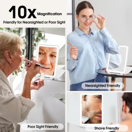 10X/1X Magnification Lighted Makeup Mirror with Lights, Rechargeable Magnifying Mirror with 80LED&2000mAh Battery, Portable Travel Vanity Mirror with 3 Colors Dimmable Lighting, Travel Essentials