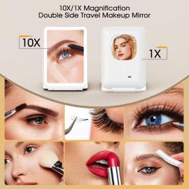 10X/1X Magnification Lighted Makeup Mirror with Lights, Rechargeable Magnifying Mirror with 80LED&2000mAh Battery, Portable Travel Vanity Mirror with 3 Colors Dimmable Lighting, Travel Essentials