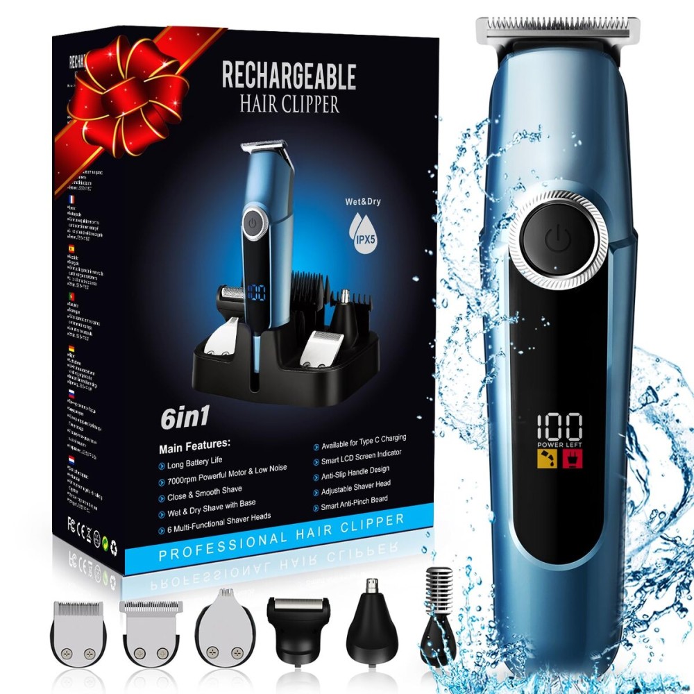 Beard Trimmer for Men Professional, Mustache Trimmer for Men, Mens Beard Grooming Kit, Nose Hair Trimmer, 6 in 1 Waterproof Rechargeable Electric Razor with Cordless Hair Clipper,Valentine\'s Day Gifts