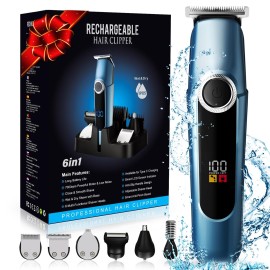 Beard Trimmer for Men Professional, Mustache Trimmer for Men, Mens Beard Grooming Kit, Nose Hair Trimmer, 6 in 1 Waterproof Rechargeable Electric Razor with Cordless Hair Clipper,Valentine\'s Day Gifts