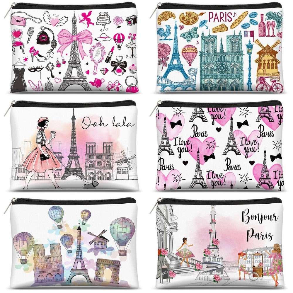 Reginary 6 Pcs City Cosmetic Bag Souvenir Gifts New York Zipper Pouch Chicago Souvenir Seattle Boston Nashville London Paris Italy Gifts Memento for Women Traveler(Paris)