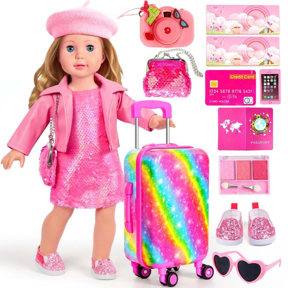 ARTST 18 Inch Doll Clothes Accessories, American 18 inch Suitcase-Glasses,Beret,Shoes,Handbag,Camera, Passport,Mobile Phone Travel Set Toys for 3-12 Girls(NO Doll)