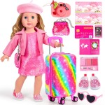 ARTST 18 Inch Doll Clothes Accessories, American 18 inch Suitcase-Glasses,Beret,Shoes,Handbag,Camera, Passport,Mobile Phone Travel Set Toys for 3-12 Girls(NO Doll)