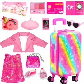 ARTST 18 Inch Doll Clothes Accessories, American 18 inch Suitcase-Glasses,Beret,Shoes,Handbag,Camera, Passport,Mobile Phone Travel Set Toys for 3-12 Girls(NO Doll)