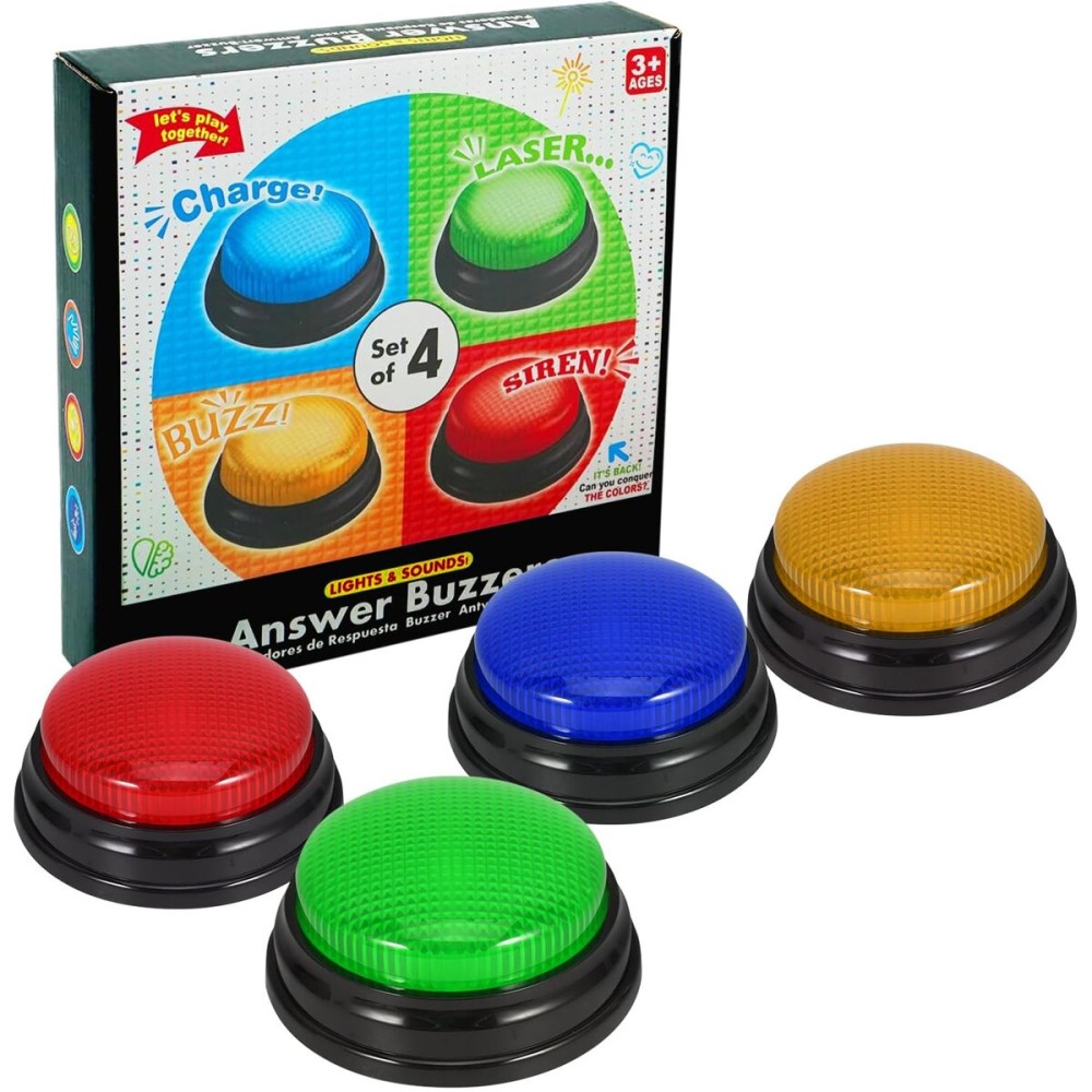 4-Pack Buzzers for Trivia Games: Game Show Buzzers Buttons, Answer Buzzers for Classroom, Game Buzzers with Lights and Sound Great for Trivia Games and Family Game