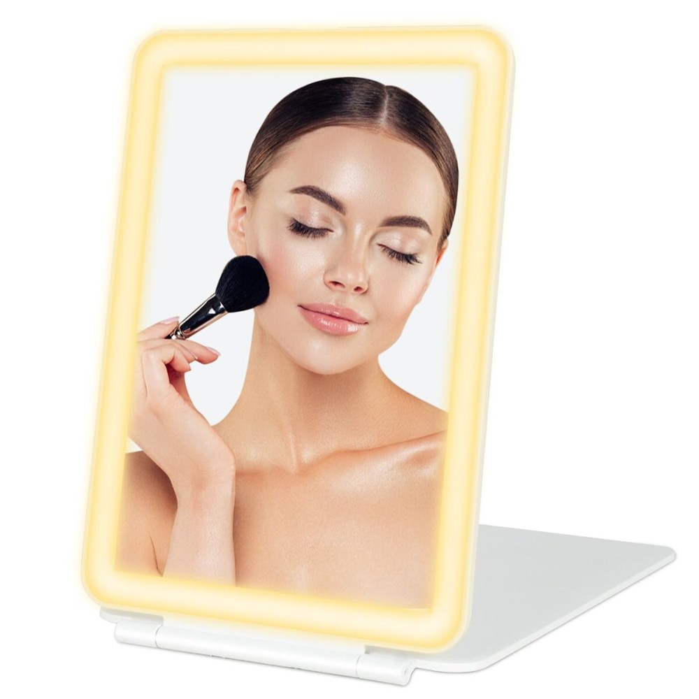 Dec.Metu Travel Mirror with Lights Makeup Mirror Touch Screen 3 Colors Light 72 LEDs Rechargeable, 1000mHA 7.9x5.3-Inch Desk Compact Mirror White