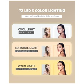 Dec.Metu Travel Mirror with Lights Makeup Mirror Touch Screen 3 Colors Light 72 LEDs Rechargeable, 1000mHA 7.9x5.3-Inch Desk Compact Mirror White