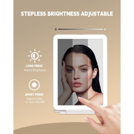 Dec.Metu Travel Mirror with Lights Makeup Mirror Touch Screen 3 Colors Light 72 LEDs Rechargeable, 1000mHA 7.9x5.3-Inch Desk Compact Mirror White