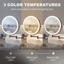 Hasipu 10-Inch Wall Mounted Makeup Mirror with Magnification, Rechargeable 3000 mAh Vanity Mirror with Lights, Bathroom Mirror with Dimmable Brightness, 3 Lighting Modes, Extendable Arm, Black