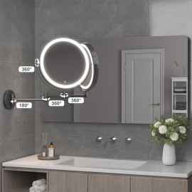 Hasipu 10-Inch Wall Mounted Makeup Mirror with Magnification, Rechargeable 3000 mAh Vanity Mirror with Lights, Bathroom Mirror with Dimmable Brightness, 3 Lighting Modes, Extendable Arm, Black
