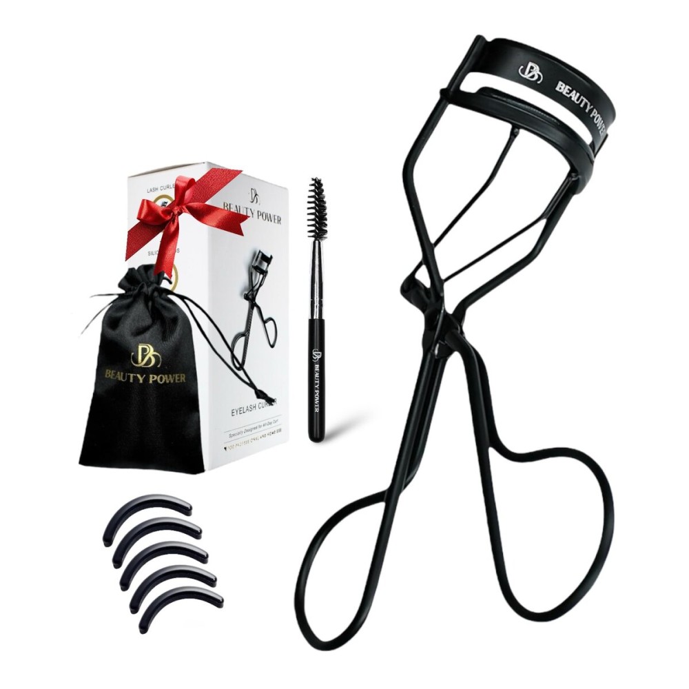 Beauty Power Eyelash Curler - Precision Lash Lift in Seconds with 5 Replacement Pads, Eyebrow Brush & Satin Travel Bag - Gentle & Safe, German Stainless Steel for Perfect Curls - Gift (Natural Curl)