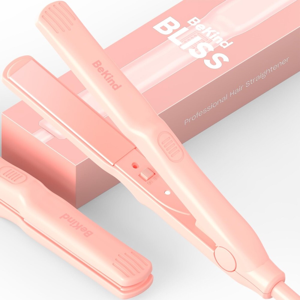 BeKind Bliss Hand-Sized Mini Hair Straightener - Portable Ceramic Small Flat Iron for Short Hair, Bangs, Curls - Lightweight, Dual Voltage Travel Hair Iron, Ideal for Styling & Touch-ups (Peach)