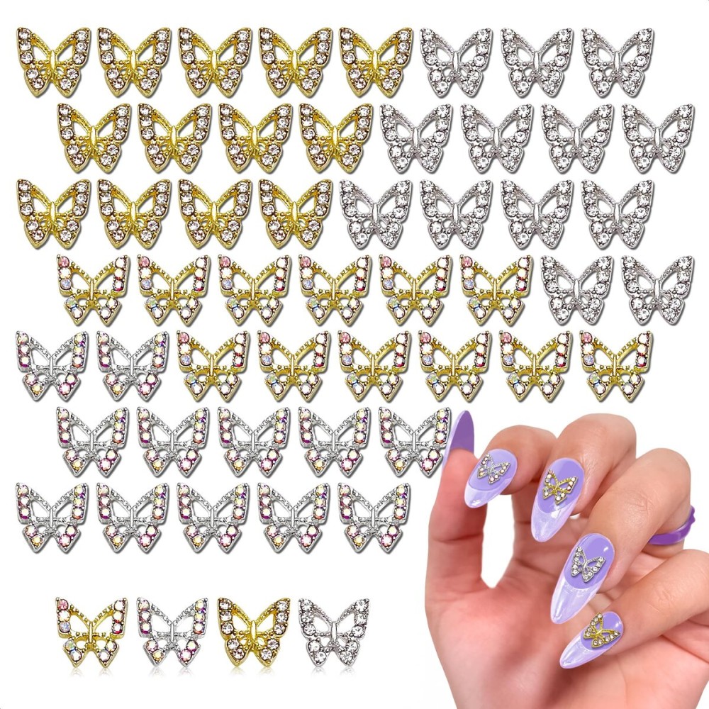 50 Pcs Butterfly Charms for Nails - Silver & Gold Butterfly Nail Charms, Long-Lasting Shine, Nail Decorating Kit for Any Occasion - Sparkly Nails Design for Eye-Catching Style