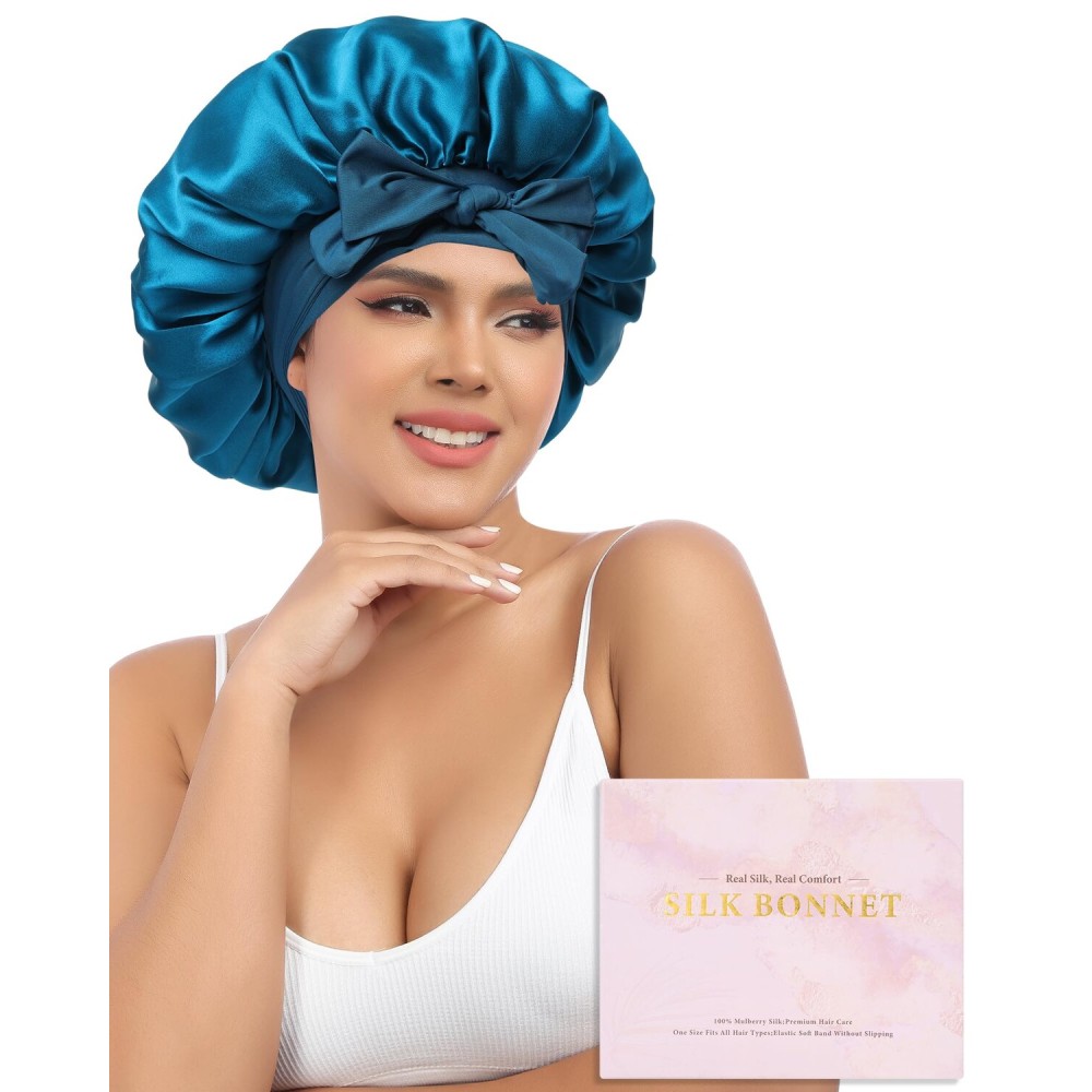 AWAYTR Silk Bonnet for Sleeping Women 100% Mulberry Silk Bonnet with Band 2 Layer Reversible Hair Bonnet Sleeping Hair Wrap (Peacock Blue/Gray)