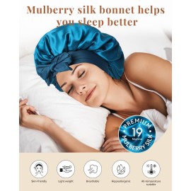 AWAYTR Silk Bonnet for Sleeping Women 100% Mulberry Silk Bonnet with Band 2 Layer Reversible Hair Bonnet Sleeping Hair Wrap (Peacock Blue/Gray)