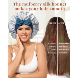 AWAYTR Silk Bonnet for Sleeping Women 100% Mulberry Silk Bonnet with Band 2 Layer Reversible Hair Bonnet Sleeping Hair Wrap (Peacock Blue/Gray)