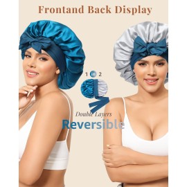 AWAYTR Silk Bonnet for Sleeping Women 100% Mulberry Silk Bonnet with Band 2 Layer Reversible Hair Bonnet Sleeping Hair Wrap (Peacock Blue/Gray)