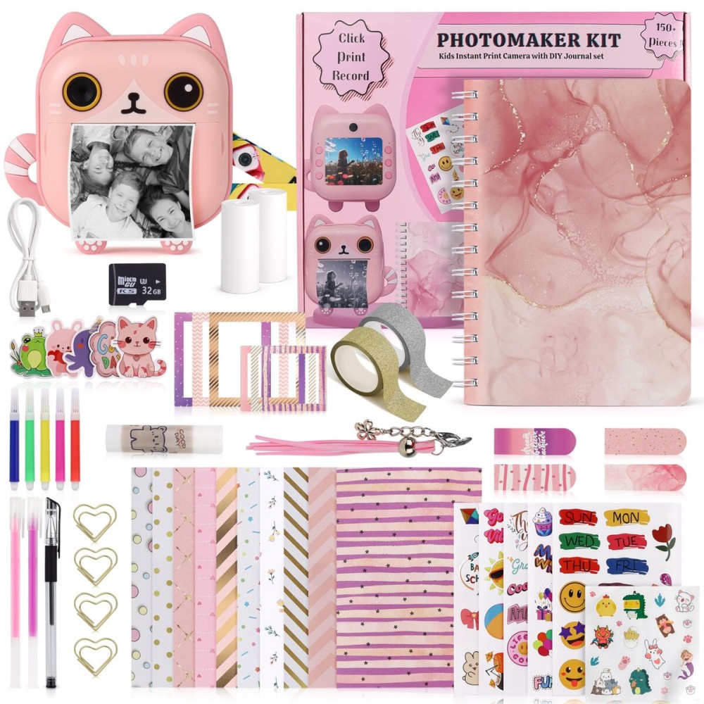 FINcredible Photomaker Kit - Instant Print Camera for Kids Plus DIY Journal Kit for Girls - 150 Pcs Tween Journal & Camera for Girls - 6 7 8 9 10 11 12 13 14 Year Old Girl (Cat)