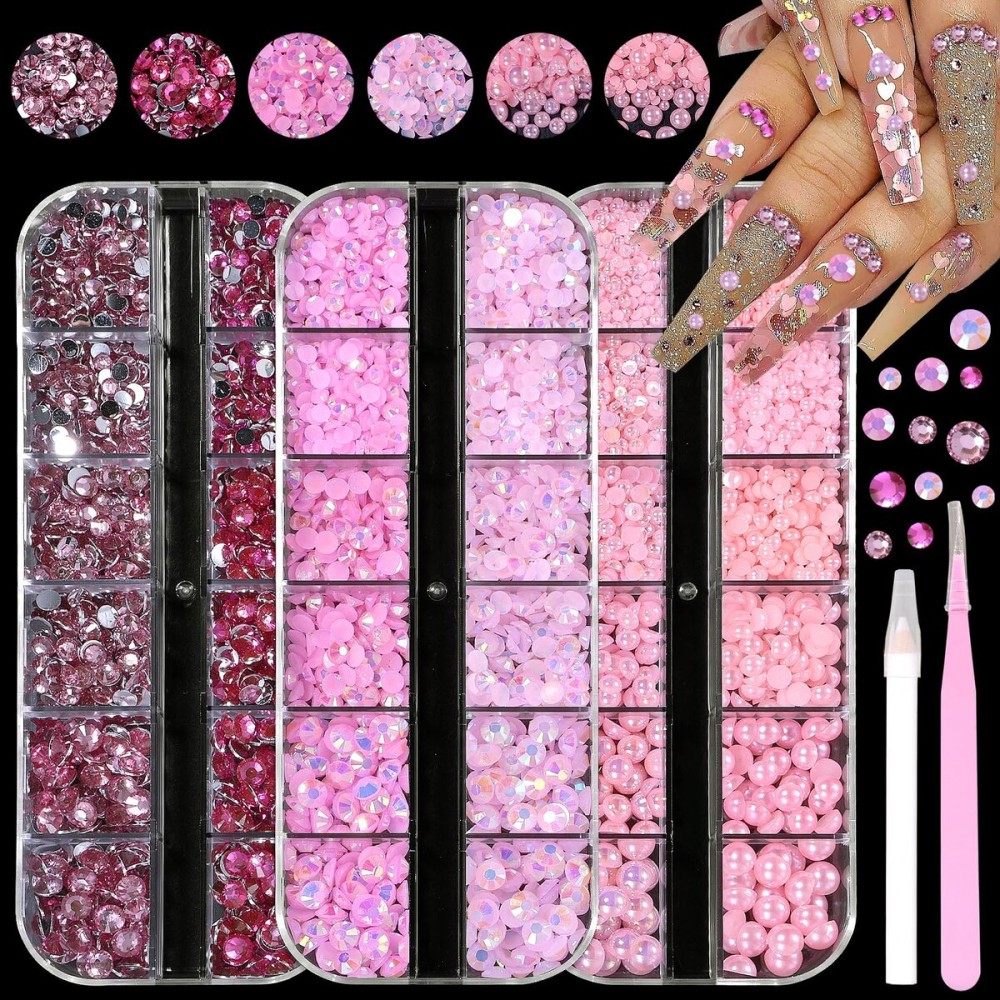 4000 PCS Pink Color Flatback Pearls and Rhinestones for Crafts, 3/4/5mm Jelly Resin Rhinestones, 2-6mm Mix Pearl Half Pearls for Bedazzling for Nail DIY Crafts Mugs Bottles Tumblers Clothes Makeup