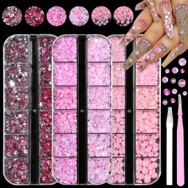 4000 PCS Pink Color Flatback Pearls and Rhinestones for Crafts, 3/4/5mm Jelly Resin Rhinestones, 2-6mm Mix Pearl Half Pearls for Bedazzling for Nail DIY Crafts Mugs Bottles Tumblers Clothes Makeup