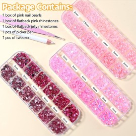 4000 PCS Pink Color Flatback Pearls and Rhinestones for Crafts, 3/4/5mm Jelly Resin Rhinestones, 2-6mm Mix Pearl Half Pearls for Bedazzling for Nail DIY Crafts Mugs Bottles Tumblers Clothes Makeup