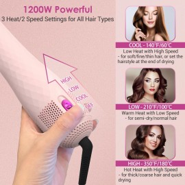 APOKE 3 in 1 Hair Dryer Brush Professional 1200W Powerful Ceramic Tourmaline 3 Heat/2 Speed Settings One Step Hair Dryer and Styler (Pink)