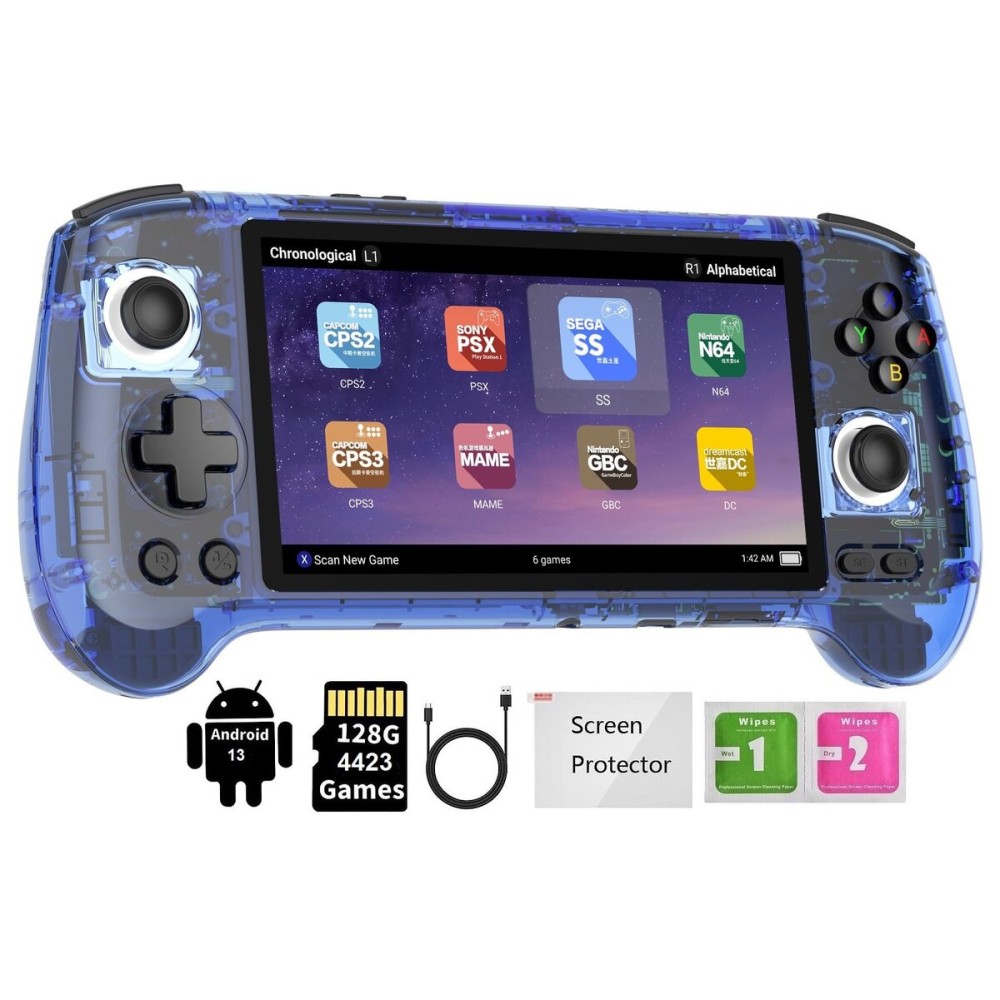 RG556 Retro Handheld Game Console, Android 13 System Unisoc T820 Processor 5.48 Touch Inch AMOLED screen 5500mAh Battery Support WIFI Online DP Output (Transparent Blue)