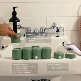 Cadence Travel Containers - Full Skincare Set - Magnetic Containers with Lids,Carry On Travel Essentials For Women/Men - 2 Small (0.56oz), 4 Medium Capsules (1.32oz), & Extender (1.43oz) - Eucalyptus