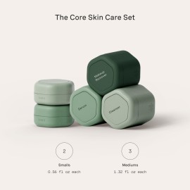 Cadence Travel Containers - Core Skincare Set - Magnetic Containers with Lids,2 Small (0.56oz) & 3 Medium (1.32oz) - Cleanser, Moisturizer, Serum, Makeup Remover & Sun Icon Labels - Evergreen
