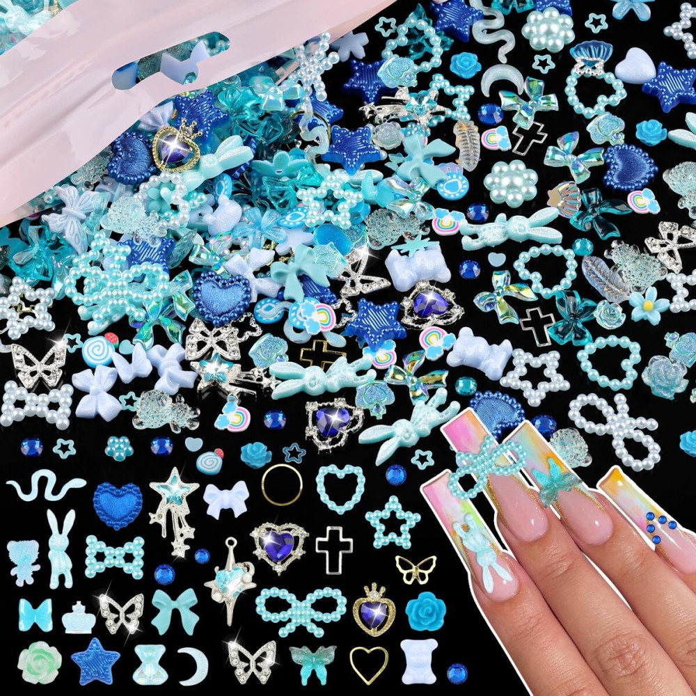 600Pcs Cute 3D Nail Charms and Gems, Blue Rabbit Bow Charms Alloy Butterfly Heart Star Nail Jewels with Nail Rhinestones, Mixed Gold Nail Studs Charms and Glitter Nail Sequins for Nail Design (Blue)