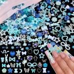 600Pcs Cute 3D Nail Charms and Gems, Blue Rabbit Bow Charms Alloy Butterfly Heart Star Nail Jewels with Nail Rhinestones, Mixed Gold Nail Studs Charms and Glitter Nail Sequins for Nail Design (Blue)