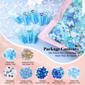 600Pcs Cute 3D Nail Charms and Gems, Blue Rabbit Bow Charms Alloy Butterfly Heart Star Nail Jewels with Nail Rhinestones, Mixed Gold Nail Studs Charms and Glitter Nail Sequins for Nail Design (Blue)